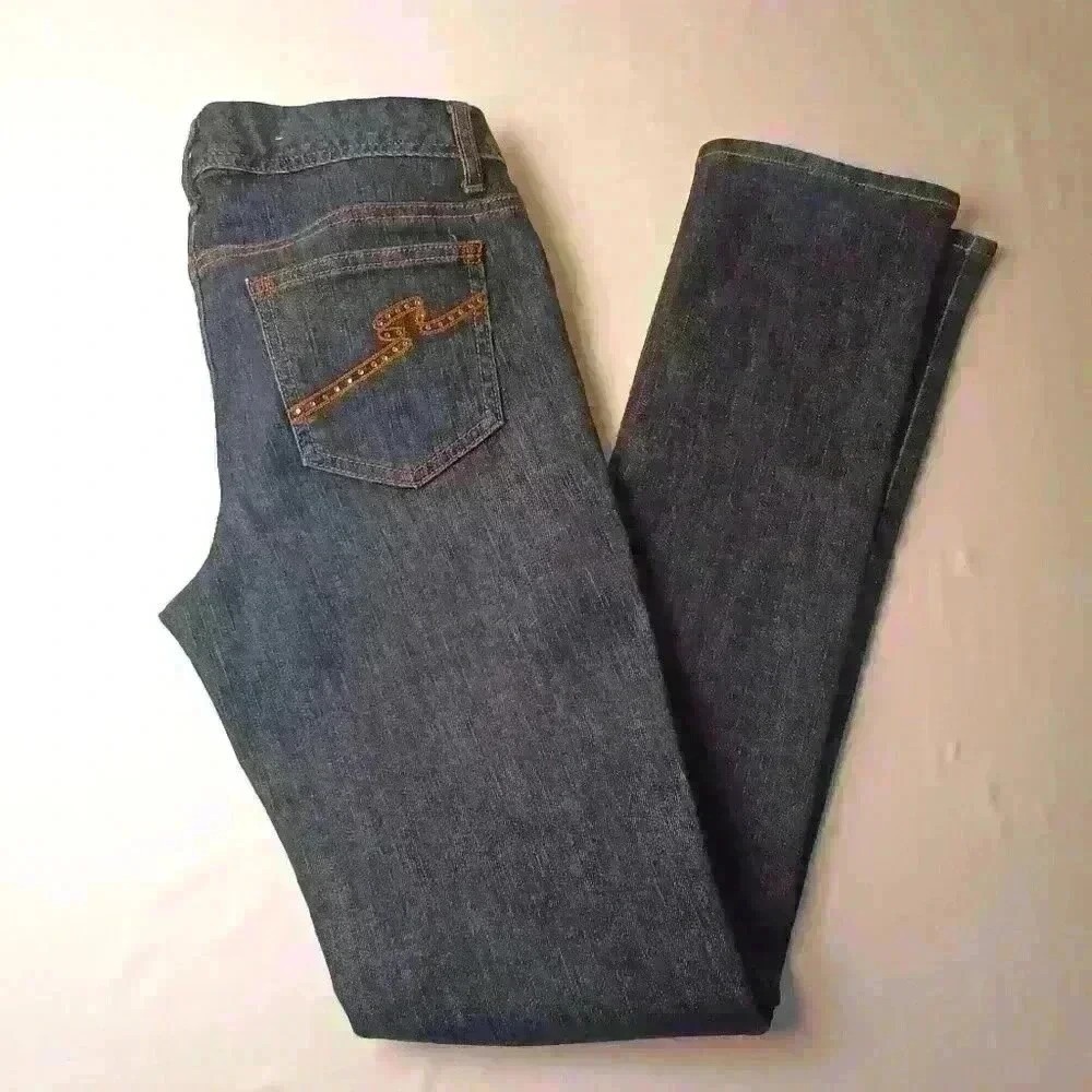 Tommy Hilfiger Womens Rhinestone Back Pocket Dark Wash Straight Jeans Size 4L